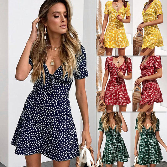 Fashion Women's Printed V-Neck Short Sleeve Dress