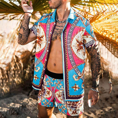 Beach Style Loose Shirt Hawaiian Print Two-Piece Suit