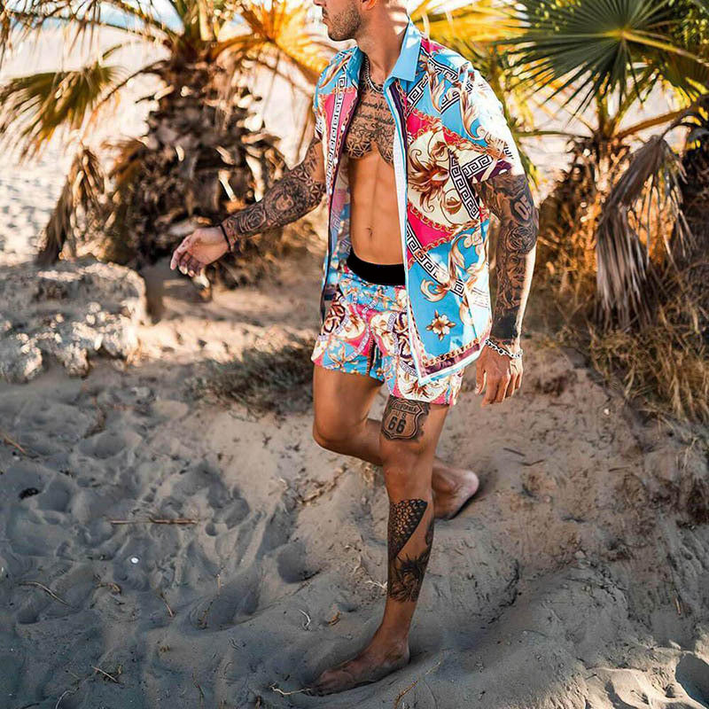 Beach Style Loose Shirt Hawaiian Print Two-Piece Suit