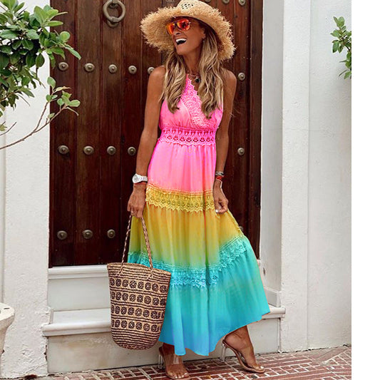 V-neck Sleeveless Gradient Rainbow Dress