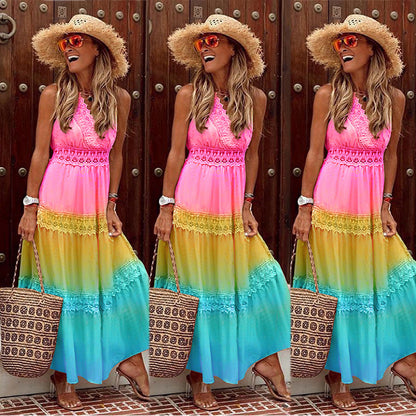 V-neck Sleeveless Gradient Rainbow Dress