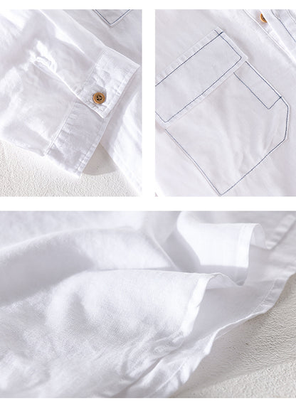 Men'S Cotton And Linen Five-Point Sleeve Shirt Pocket Linen White Loose Shirt