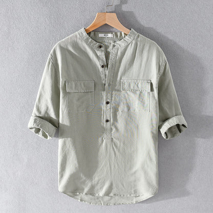 Men'S Cotton And Linen Five-Point Sleeve Shirt Pocket Linen White Loose Shirt