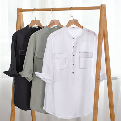 Men'S Cotton And Linen Five-Point Sleeve Shirt Pocket Linen White Loose Shirt