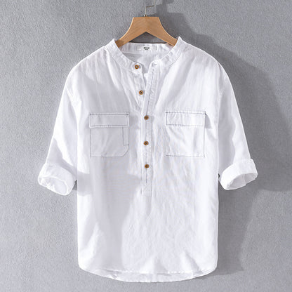 Men'S Cotton And Linen Five-Point Sleeve Shirt Pocket Linen White Loose Shirt