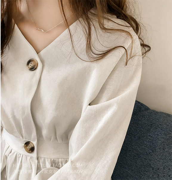 Cotton And Linen Blouse Women'S Women'S Shirt Western Style V-Neck Long-Sleeved Shirt