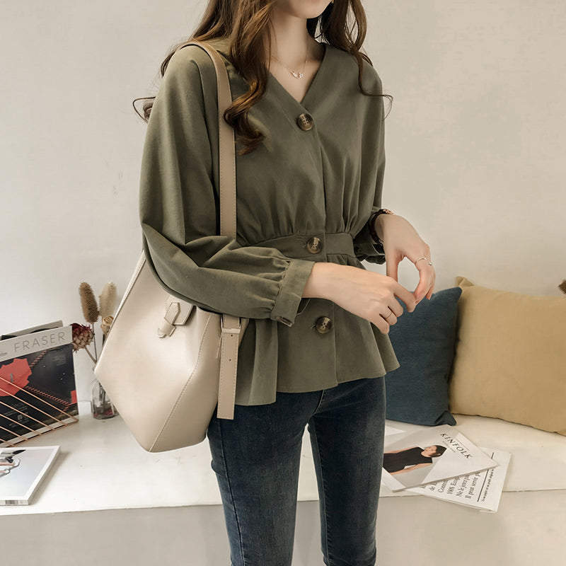 Cotton And Linen Blouse Women'S Women'S Shirt Western Style V-Neck Long-Sleeved Shirt