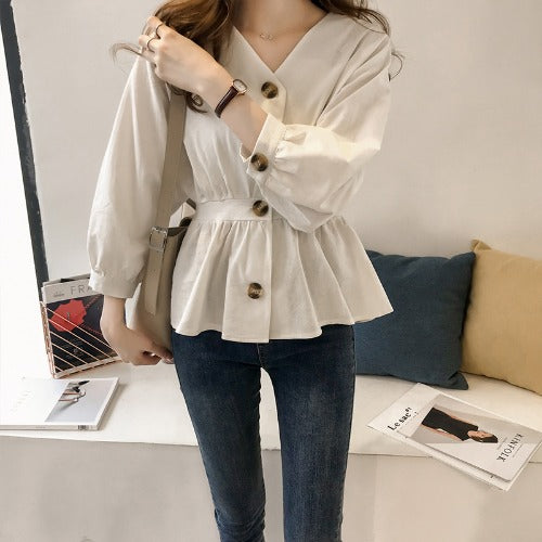 Cotton And Linen Blouse Women'S Women'S Shirt Western Style V-Neck Long-Sleeved Shirt