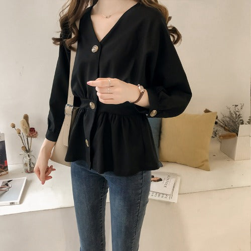 Cotton And Linen Blouse Women'S Women'S Shirt Western Style V-Neck Long-Sleeved Shirt