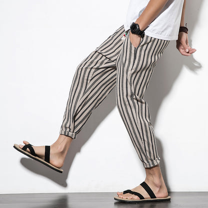 Men's Striped Linen Cropped Trousers