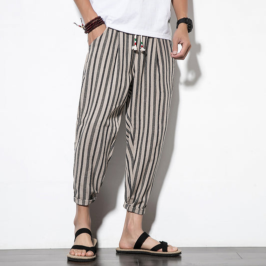 Men's Striped Linen Cropped Trousers