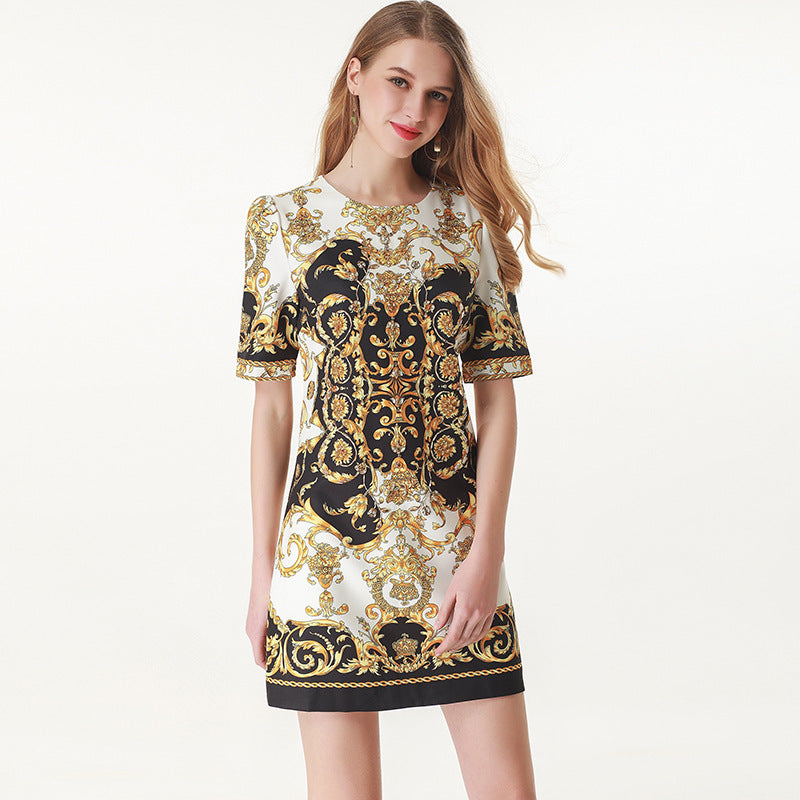 Retro Baroque Heavy Industry Beaded Sequins Loose Waist Printed Dress Women