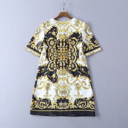 Retro Baroque Heavy Industry Beaded Sequins Loose Waist Printed Dress Women