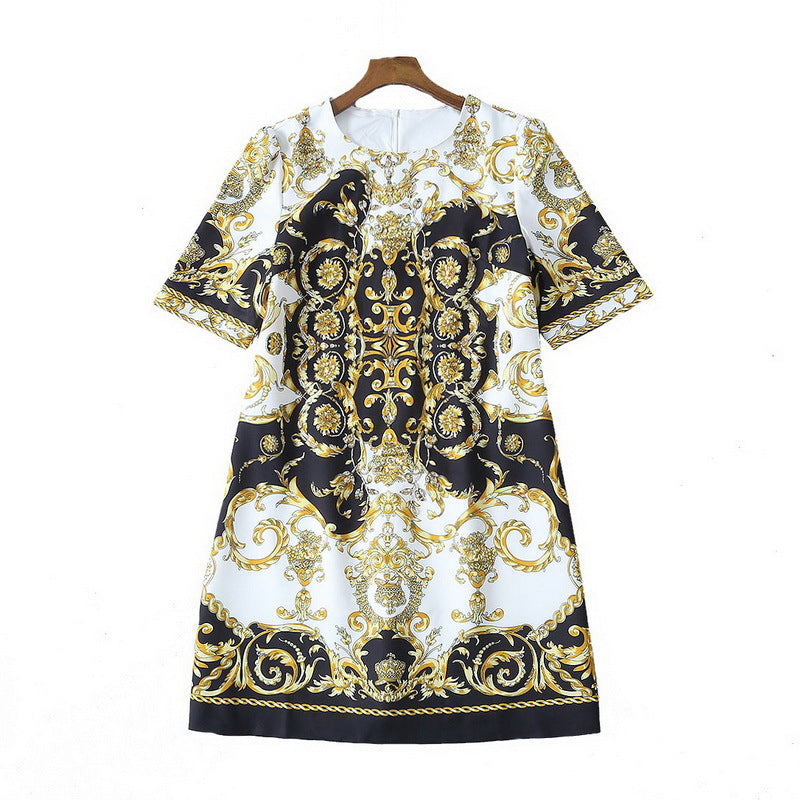 Retro Baroque Heavy Industry Beaded Sequins Loose Waist Printed Dress Women