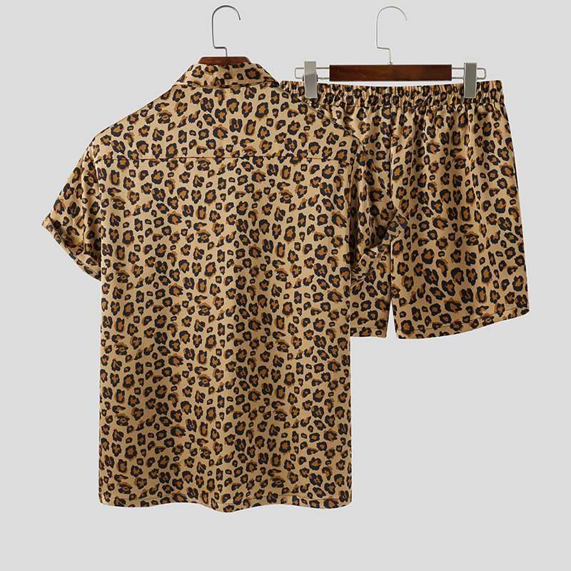 Summer Wear Men Sets Leopard Printed Lapel Short Sleeve