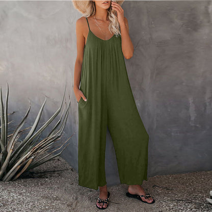 Sling Jumpsuit Women's Solid Color Pocket Casual Jumpsuit