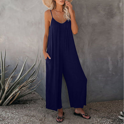 Sling Jumpsuit Women's Solid Color Pocket Casual Jumpsuit