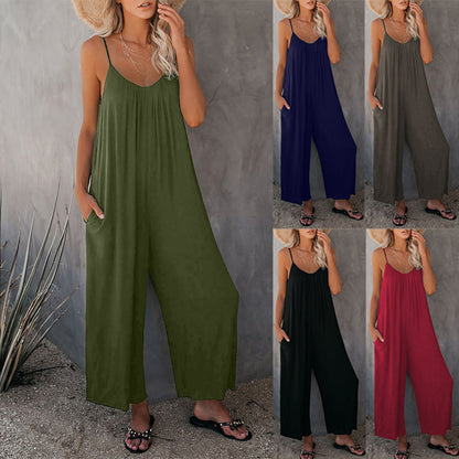 Sling Jumpsuit Women's Solid Color Pocket Casual Jumpsuit