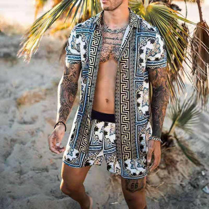 Beach Style Loose Shirt Hawaiian Print Two-Piece Suit