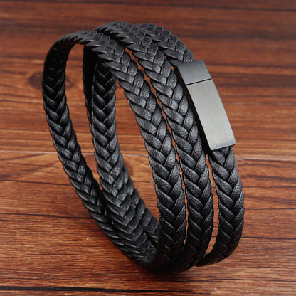 Titanium Steel Magnetic Buckle Leather Braided Four Ring Bracelet