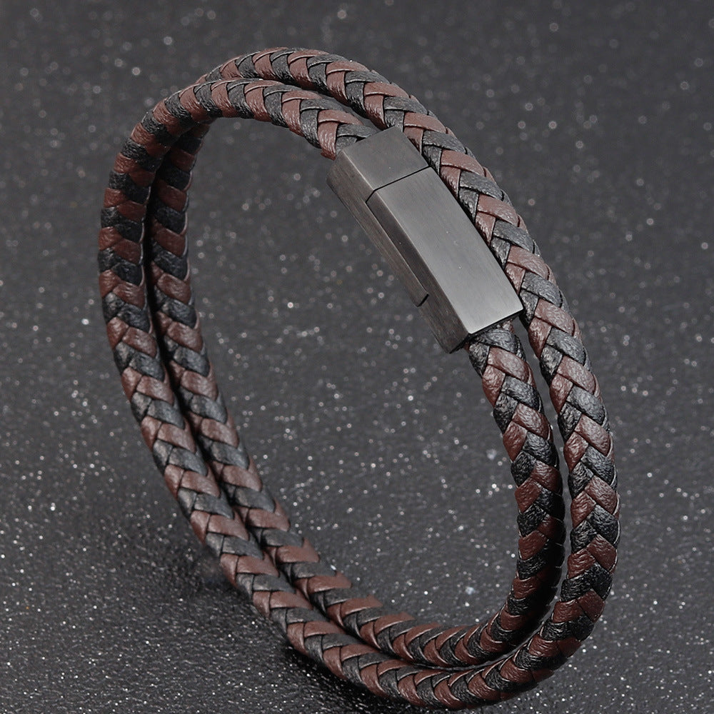 Titanium Steel Magnetic Buckle Leather Braided Four Ring Bracelet