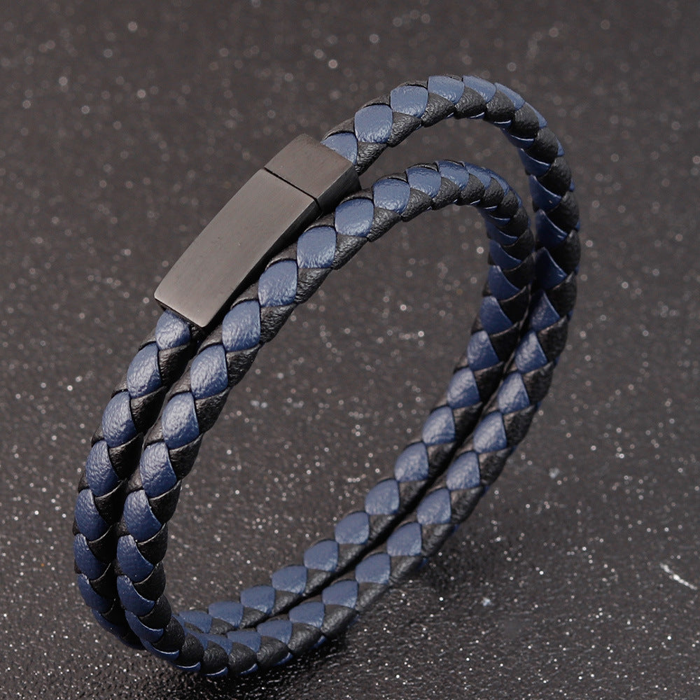 Titanium Steel Magnetic Buckle Leather Braided Four Ring Bracelet