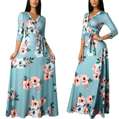 Floral Autumn New Style Three-quarter Sleeve Printing Women's Beauty Ladies Evening Dress V-neck Dress