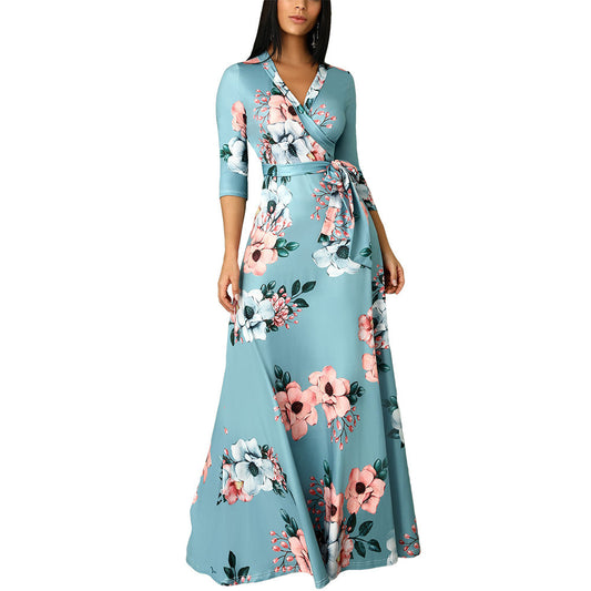 Floral Autumn New Style Three-quarter Sleeve Printing Women's Beauty Ladies Evening Dress V-neck Dress