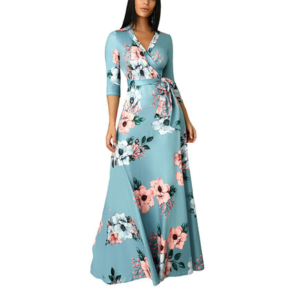 Floral Autumn New Style Three-quarter Sleeve Printing Women's Beauty Ladies Evening Dress V-neck Dress