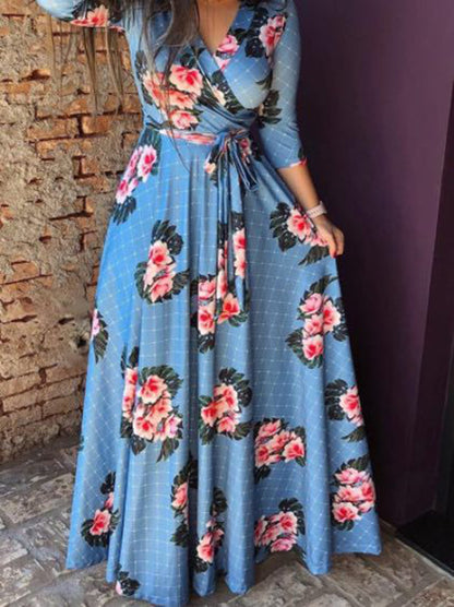 Floral Autumn New Style Three-quarter Sleeve Printing Women's Beauty Ladies Evening Dress V-neck Dress