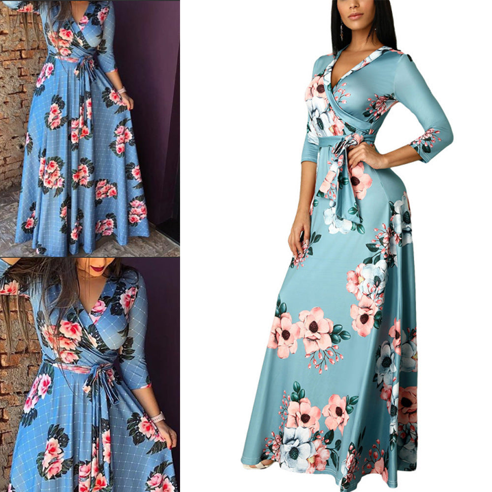 Floral Autumn New Style Three-quarter Sleeve Printing Women's Beauty Ladies Evening Dress V-neck Dress