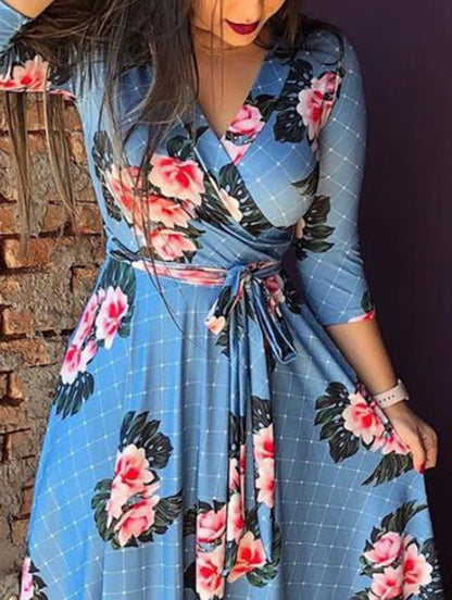 Floral Autumn New Style Three-quarter Sleeve Printing Women's Beauty Ladies Evening Dress V-neck Dress