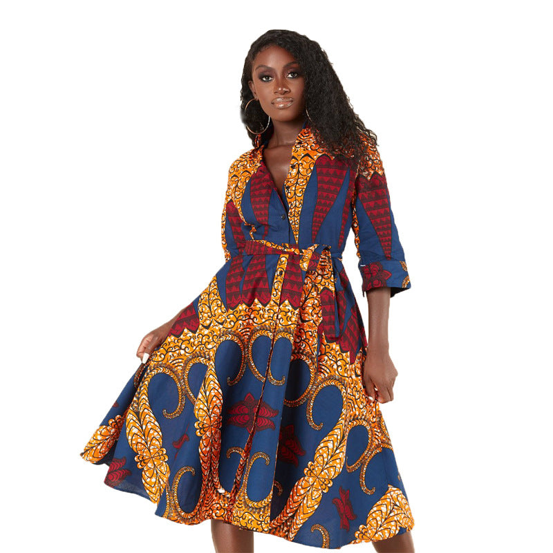 African Women's Long Sleeve Printed Shirt Dress