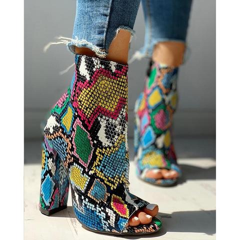 Foreign Trade New Style Thick Heel Colorful Snake Print Short Boots