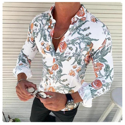 Linen Print Lapel Men's Shirt