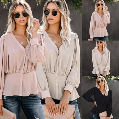 Fashion Simple V-neck Long-sleeved Blouse Blouse