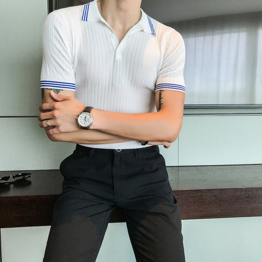 Youth Korean Striped Contrast Color Lapel Knit Men's Business Short Sleeve T-Shirt