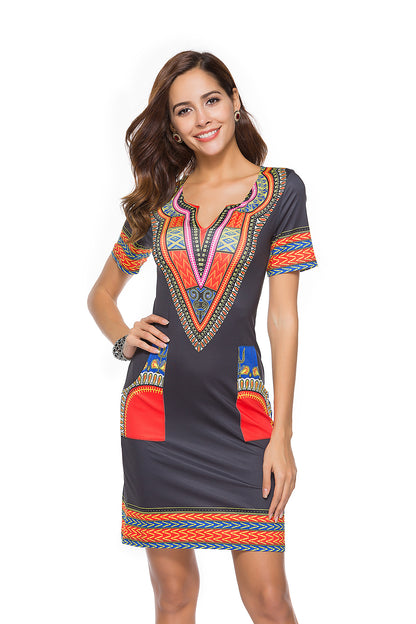 Amazon Wish Hot Sale Fashion Ethnic Style Printed Women's Dress AliExpress Cross-border Supply