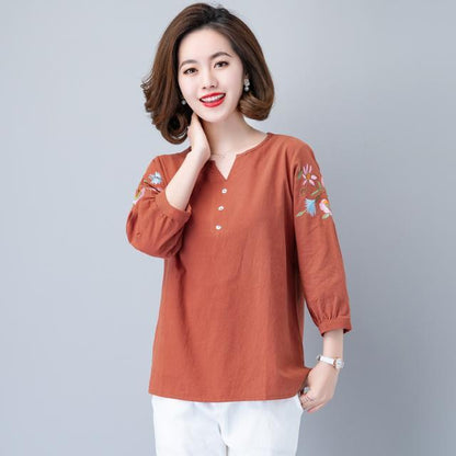 Cotton And Linen Three-quarter Sleeve T-shirt Women