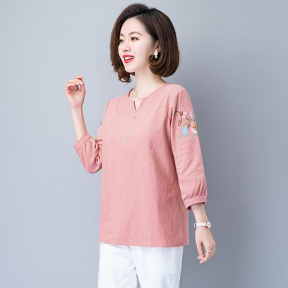 Cotton And Linen Three-quarter Sleeve T-shirt Women