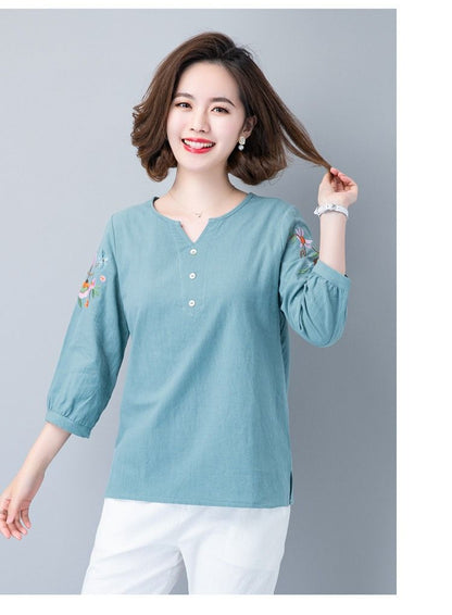 Cotton And Linen Three-quarter Sleeve T-shirt Women