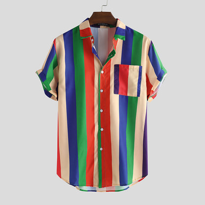 Color stripe printed shirt men's summer