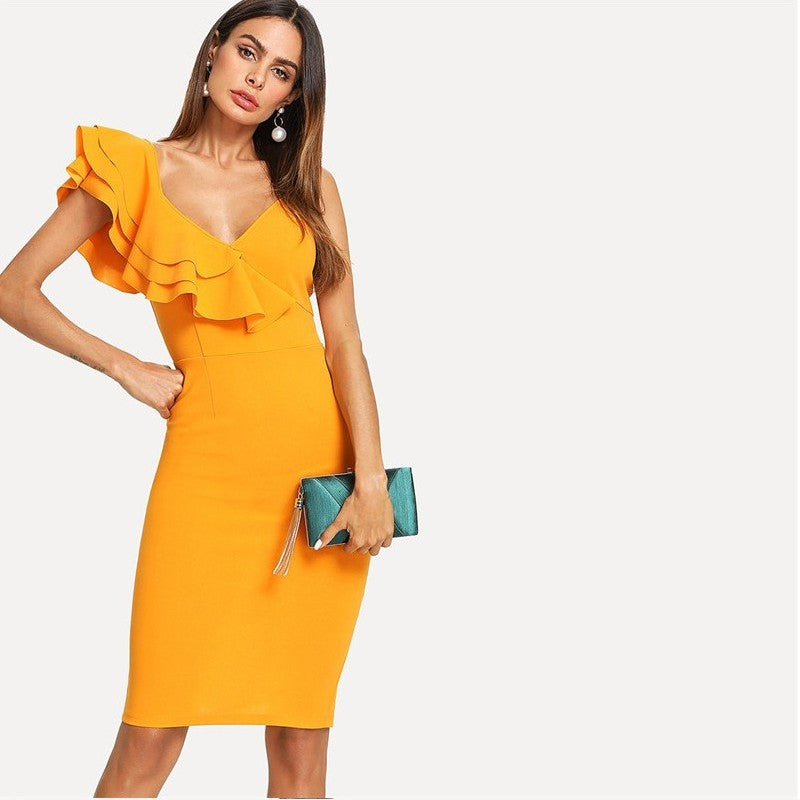 Sleeveless Ruffle Layered Flounce Trim Split Back V Neck Party Bodycon Dress Women Summer Knee Length Slim Pencil Dress