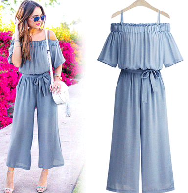 European station fat MM large size women's one shoulder strap jumpsuit Sling waist wide leg trousers