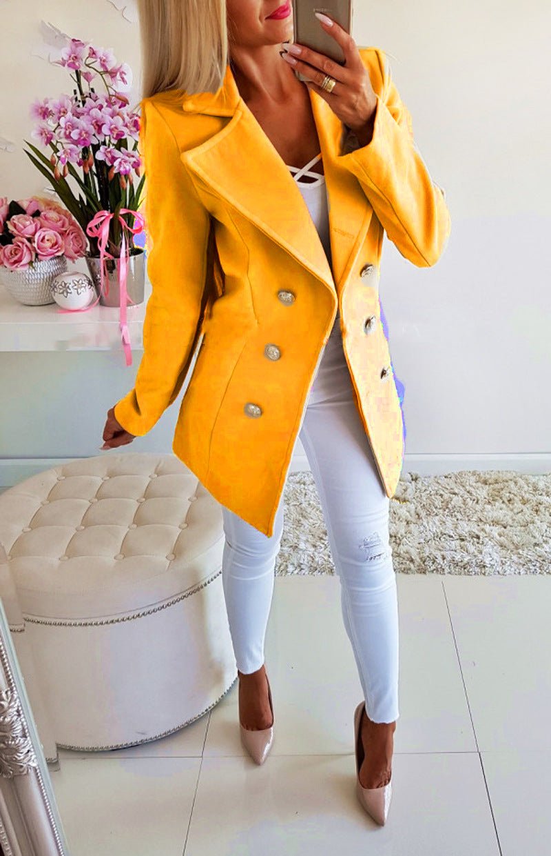 Double Breasted Lapel Solid Jacket For Women