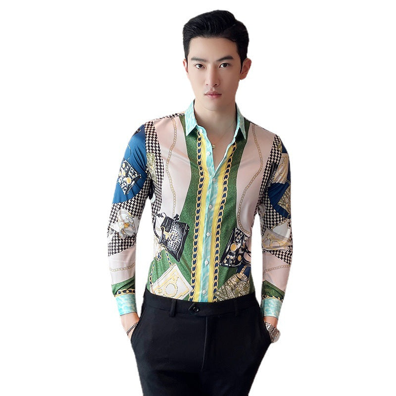 Men Retro Print Thin Long Sleeve Lapel Shirt