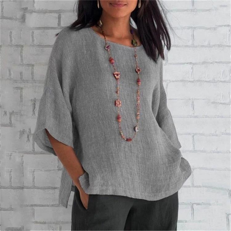 Sleeves round neck cotton and linen shirt