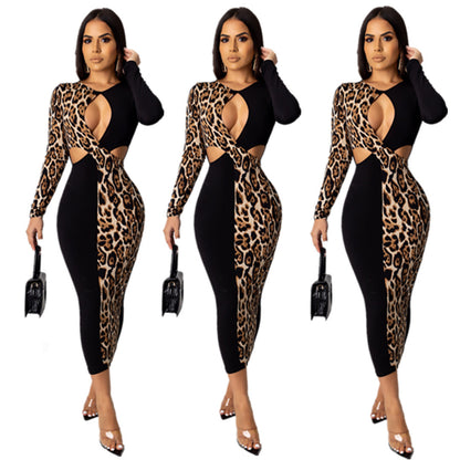 Leopard cutout color-block stitching dress