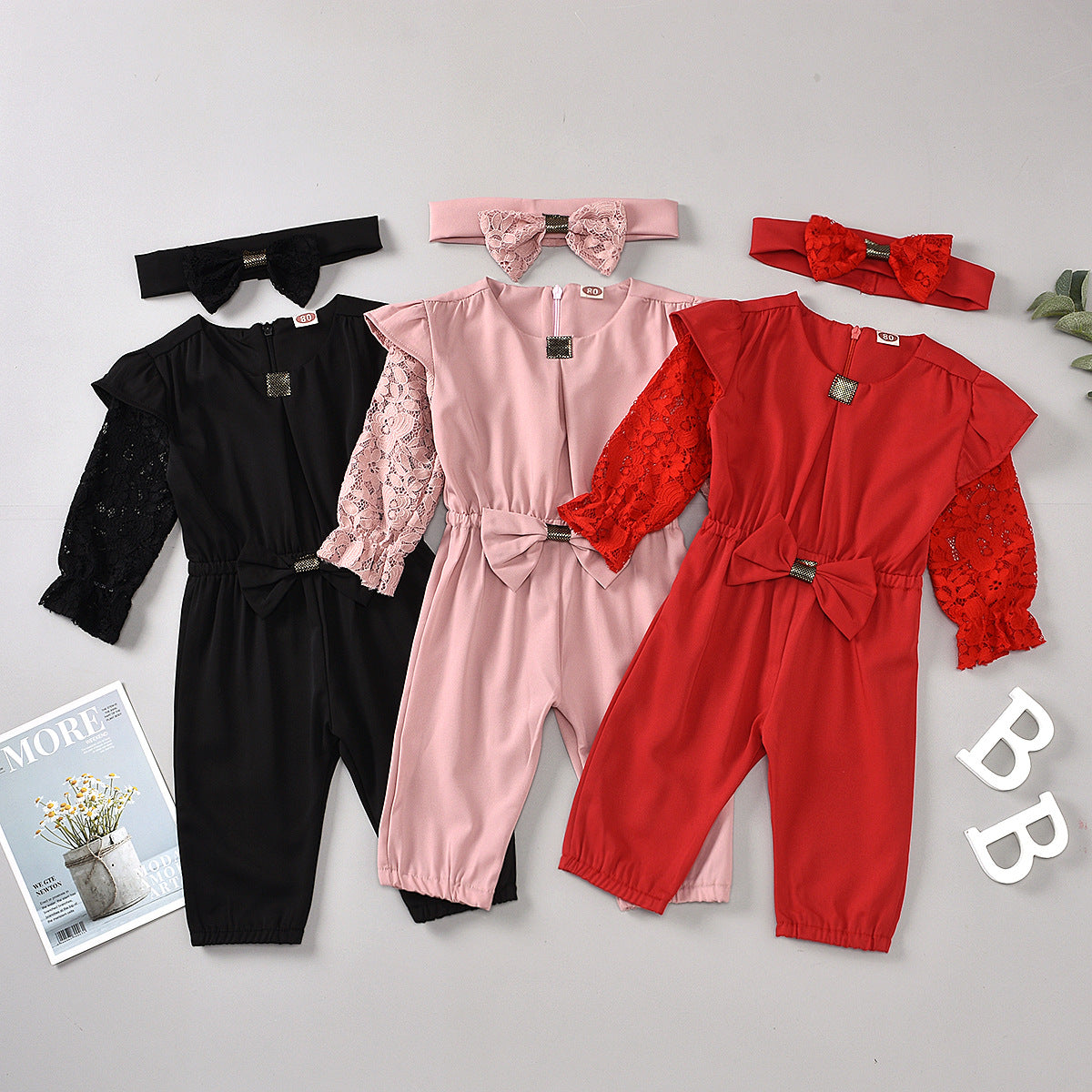 Round Neck Solid Color Zipper Girls Summer Long Sleeve Jumpsuit Headband Two Set