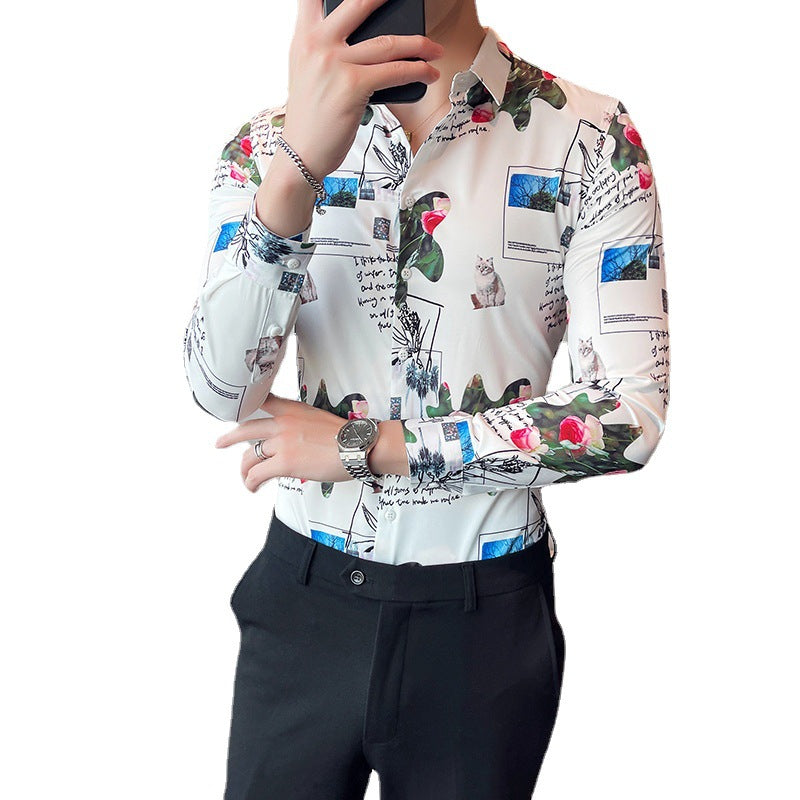 Men Digital Printed Blue Casual Long Sleeve Lapel Shirt